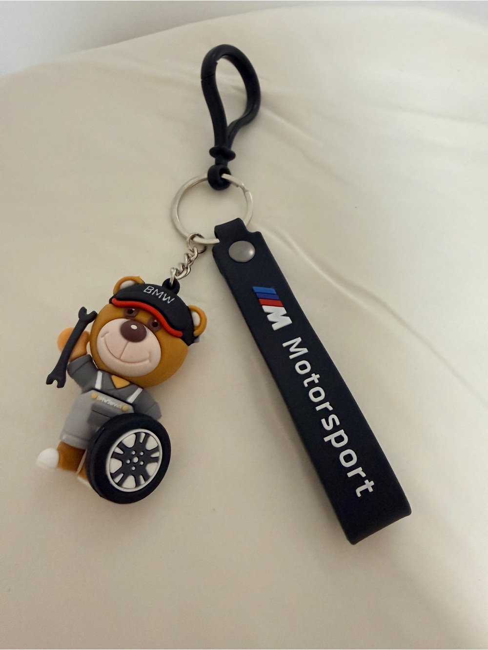 BMW Motorsport Bear Keychain with Black Strap and Gray Outfit - Picture 2 of 2